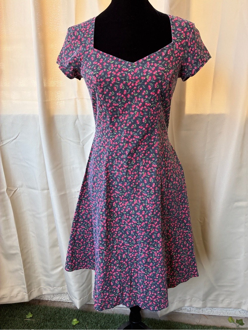 Vintage 90s Morbid Threads Cherries Small Dress Sweetheart Neckline Black Red